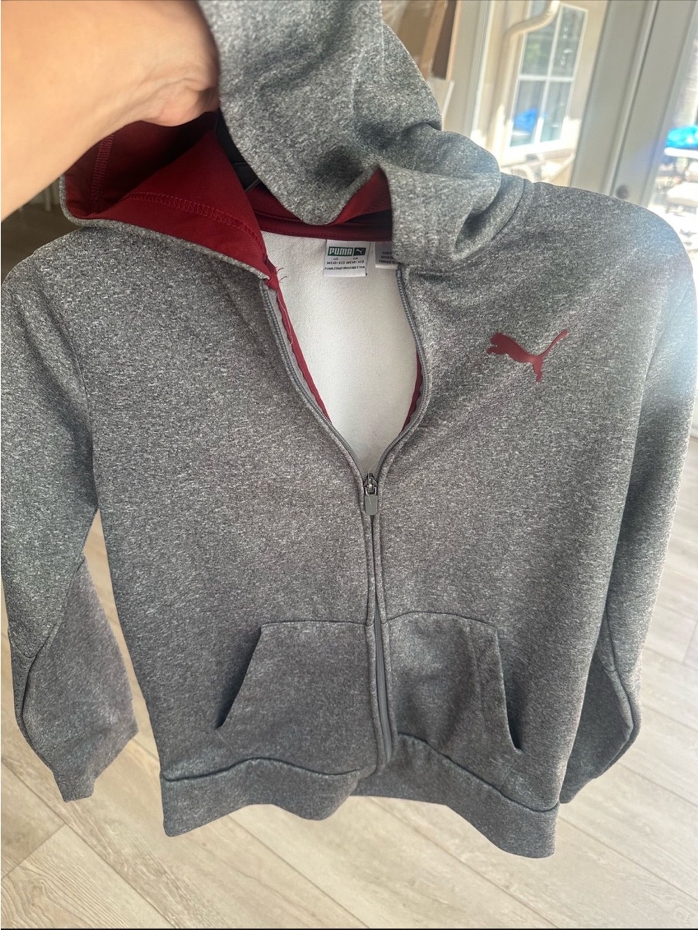 Puma Youth Gray Zip Hoodie with Red Hood Lining
